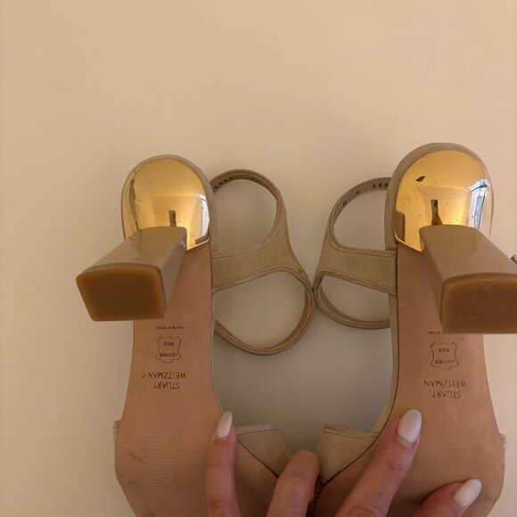Stuart Weitzman Suede Cross Front Sandals with Sculpted Gold Trim Heel - Picture 8 of 8